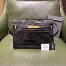 BLACK MANHATTAN SHOULDER BAG IN CROCODILE-EMBOSSED SHINY LEATHER