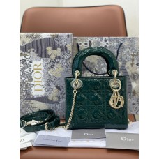 Mini Cannage Patent Calfskin Lady Dion Bag (Dark Green, 17CM)