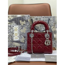 Mini Cannage Patent Calfskin Lady Dion Bag(Cherry Red, Sliver Hardware, 17CM)