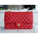 A TOP QUALITY CHANLE CLASSIC FLAP LAMBSKIN (RED, GOLDEN, 25CM)